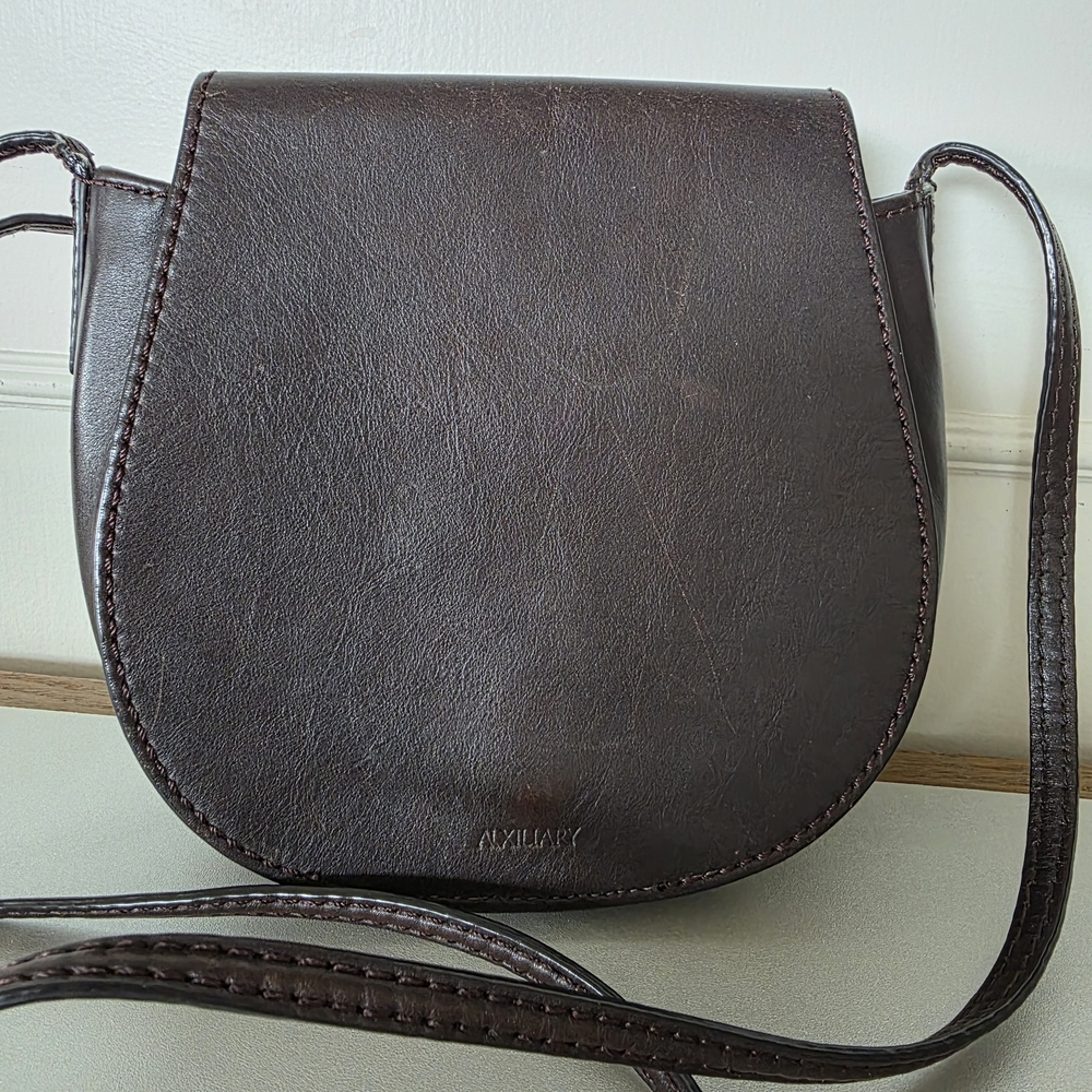 Minimal Dark Brown Leather Crossbody Saddle Bag - Pockets, Adjustable - Picture 2 of 14